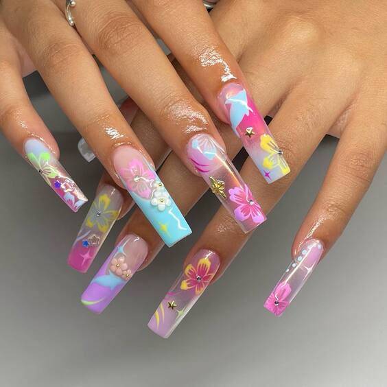 Chic Summer Coffin Nail Ideas: Neon Flair & Floral Elegance