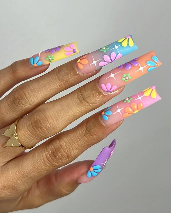 Chic Summer Coffin Nail Ideas: Neon Flair & Floral Elegance