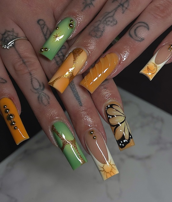 Chic Summer Nails: Coffin Acrylics in Bold Colors & Elegant Designs