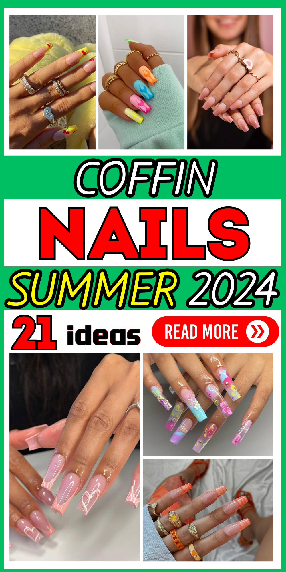 Chic Summer Coffin Nail Ideas: Neon Flair & Floral Elegance