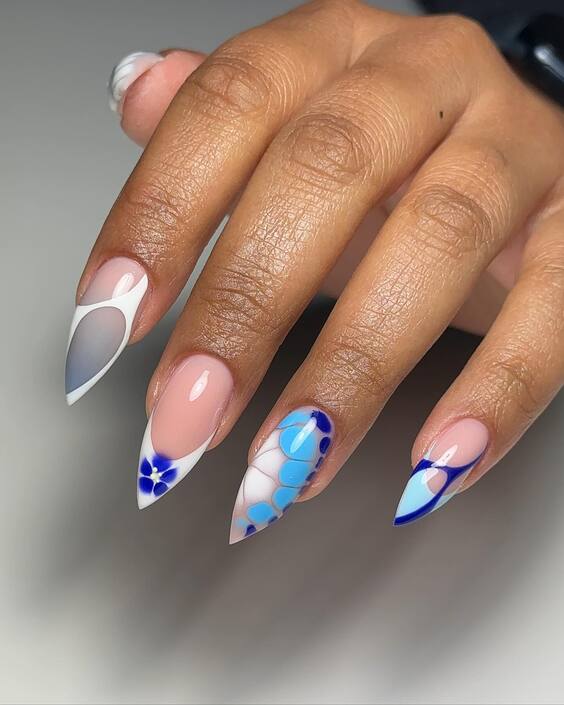 21 Fall Blue Nails 2024: Trendy Designs with Gold Flakes & French Tips