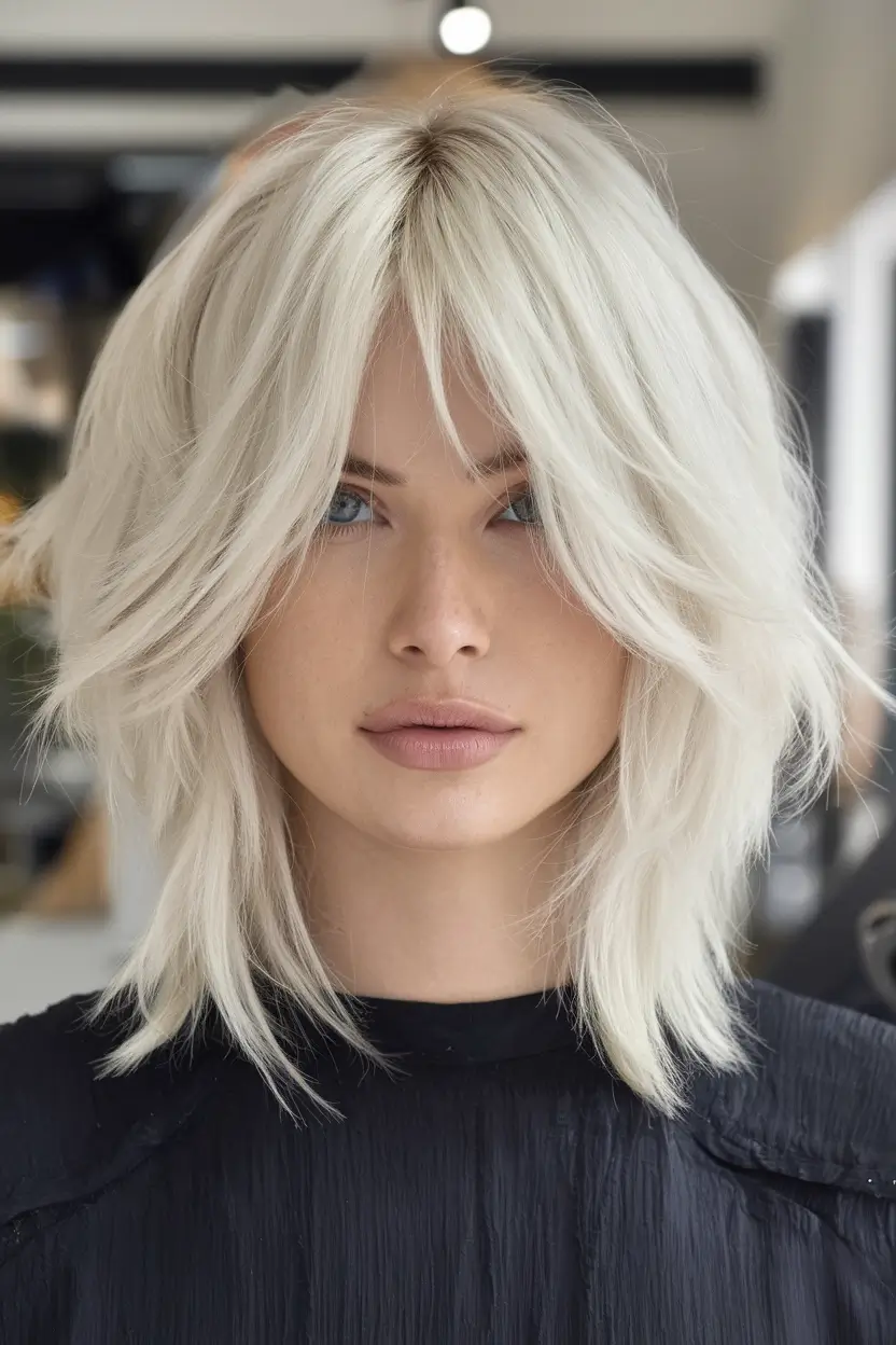 Stylish Bob Hair Looks - Summer 2025 Edgy Platinum Shag With Feathered Bangs