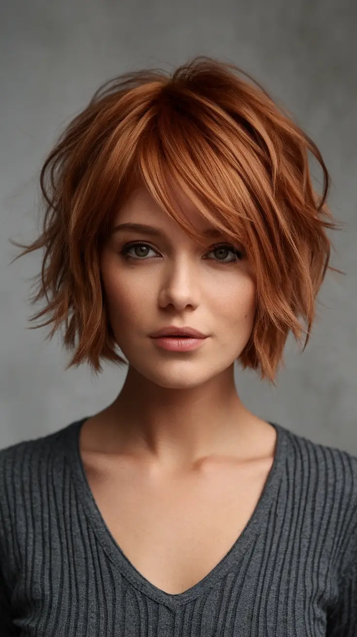 Stylish Bob Hair Looks – Summer 2025 Tousled Coppery Red Bob With Bangs