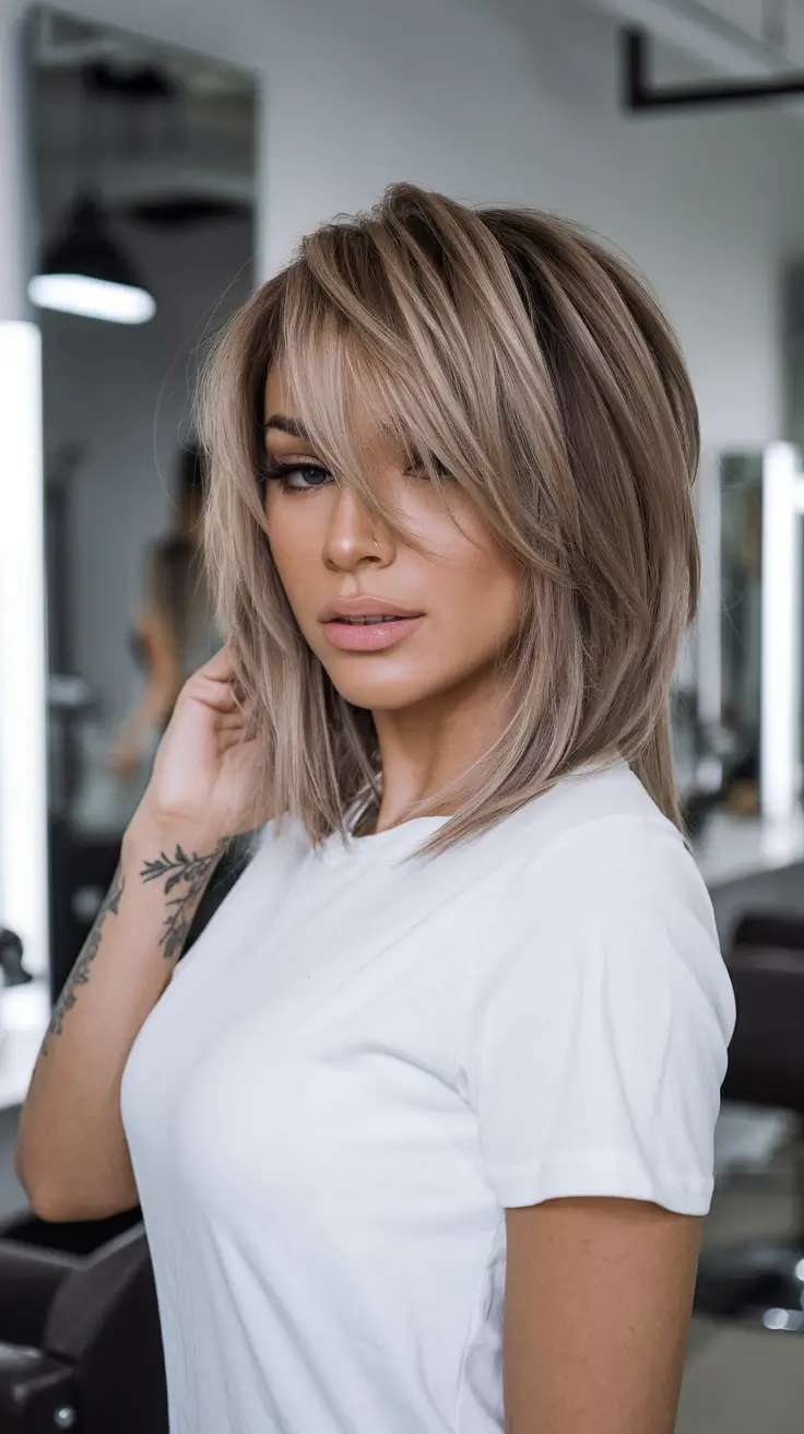 Stylish Bob Hair Looks – Summer 2025 Sandy Blonde Layered Bob With Curtain Bangs