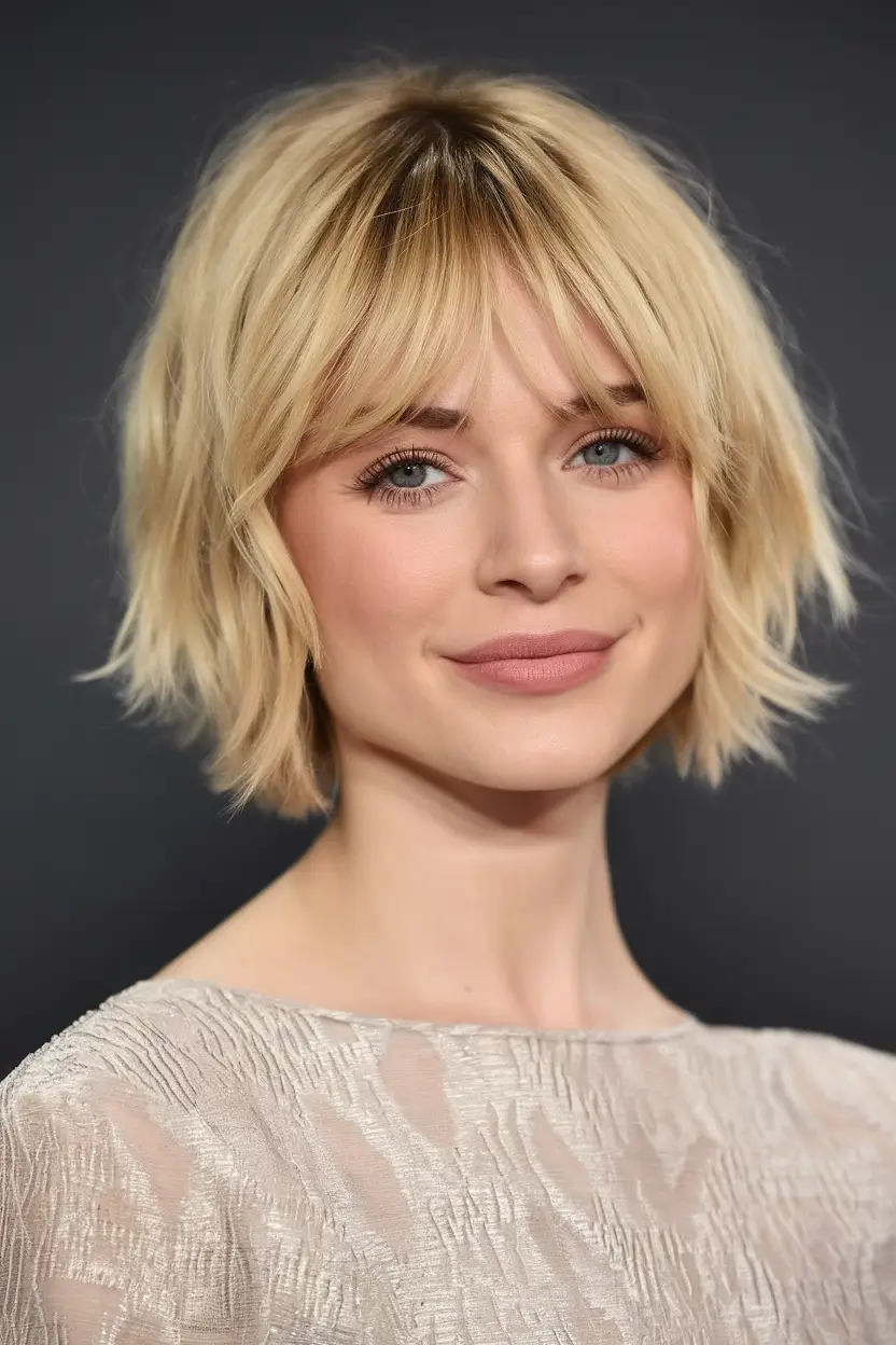Chic Bob Haircuts for Summer 2025 - Short Hairstyle Inspo Textured Blonde Bob with Feathered Fringe