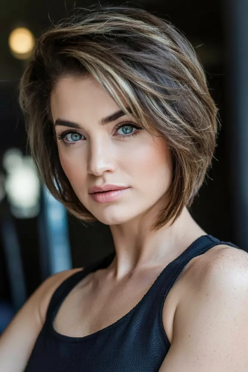 Chic Bob Haircuts for Summer 2025 - Short Hairstyle Inspo Side-Parted Brunette Bob with Ashy Lowlights