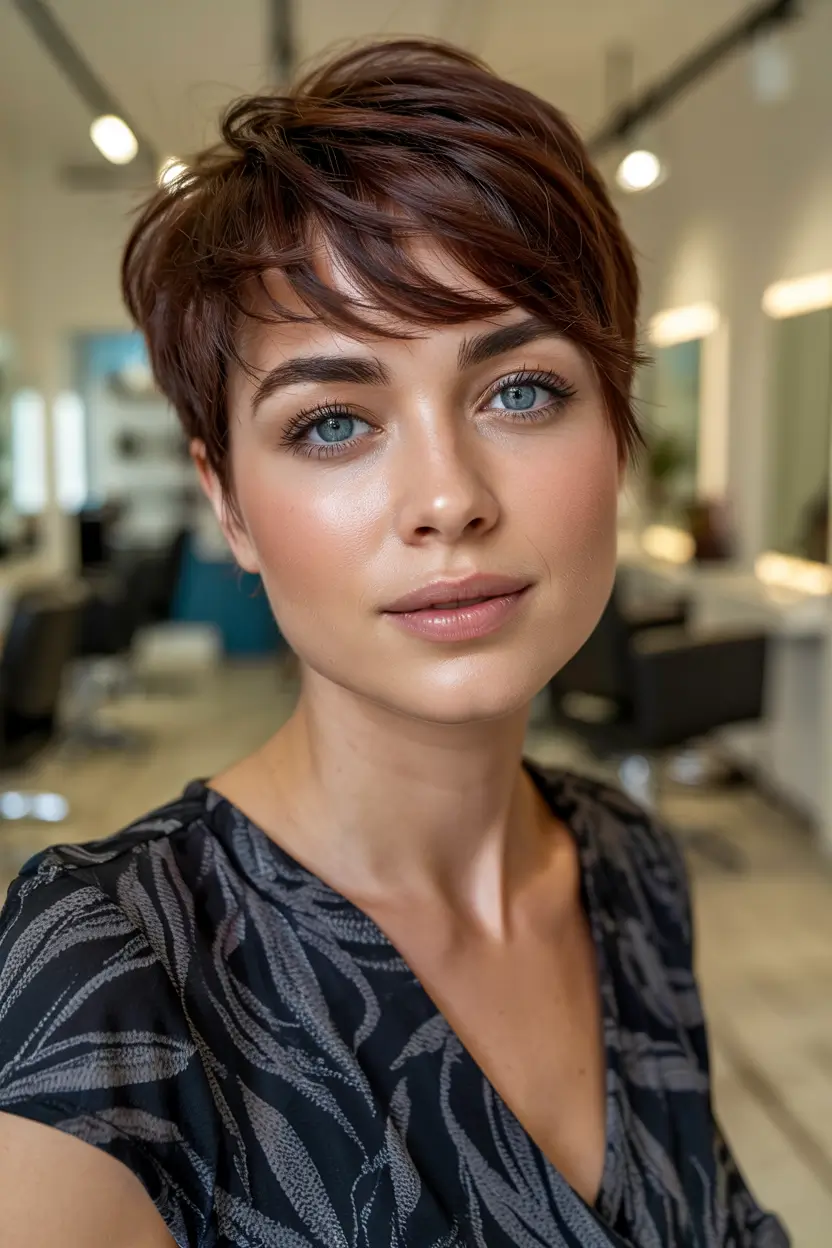 Pixie Haircuts for Women - Feminine Summer 2025 Ideas Softly Tousled Mahogany Pixie