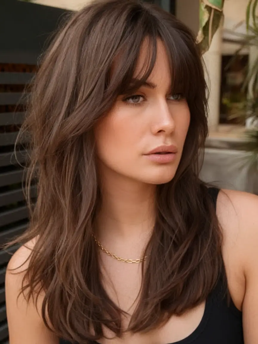 summer 2025 bangs haircuts - curtain fringe ideas smoky chocolate strands with full fringe flow