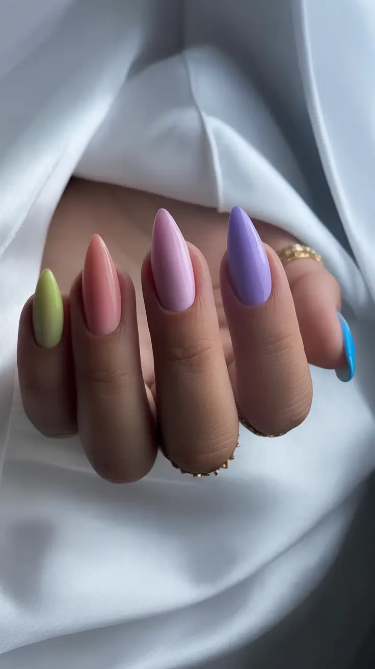 Almond Nails Made for Summer 2025 Muted Rainbow With Satin Finish