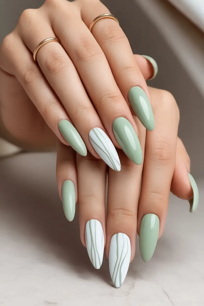 Almond Nails Made for Summer 2025 Sage Minimalism With White Line Art