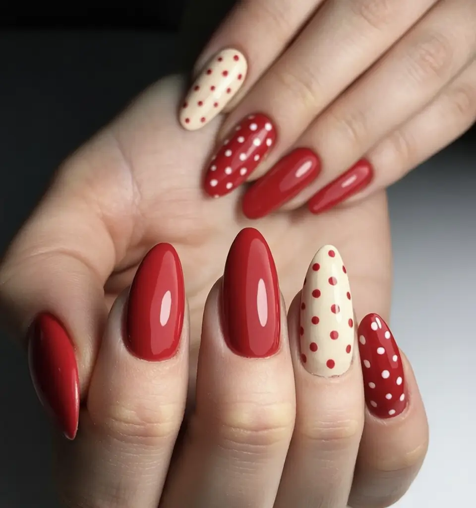 Almond Nails Made for Summer 2025 Retro Dot Charm in Red and Cream