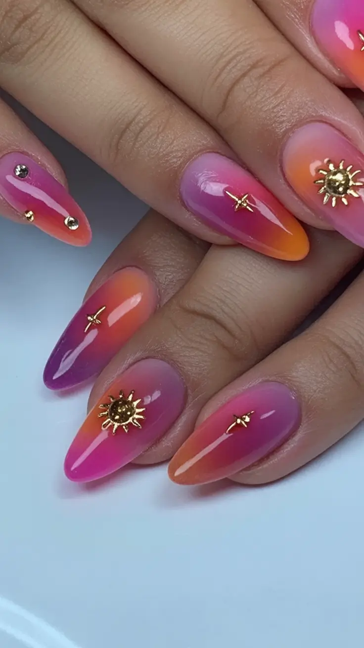 Almond Nails Made for Summer 2025 Sunset Gold Fade