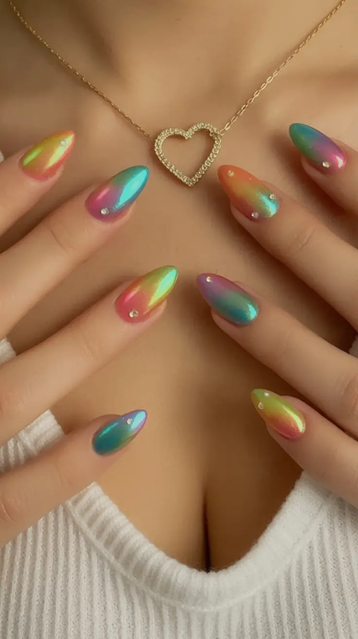 Almond Nails Made for Summer 2025 Chrome Rainbow Dreams