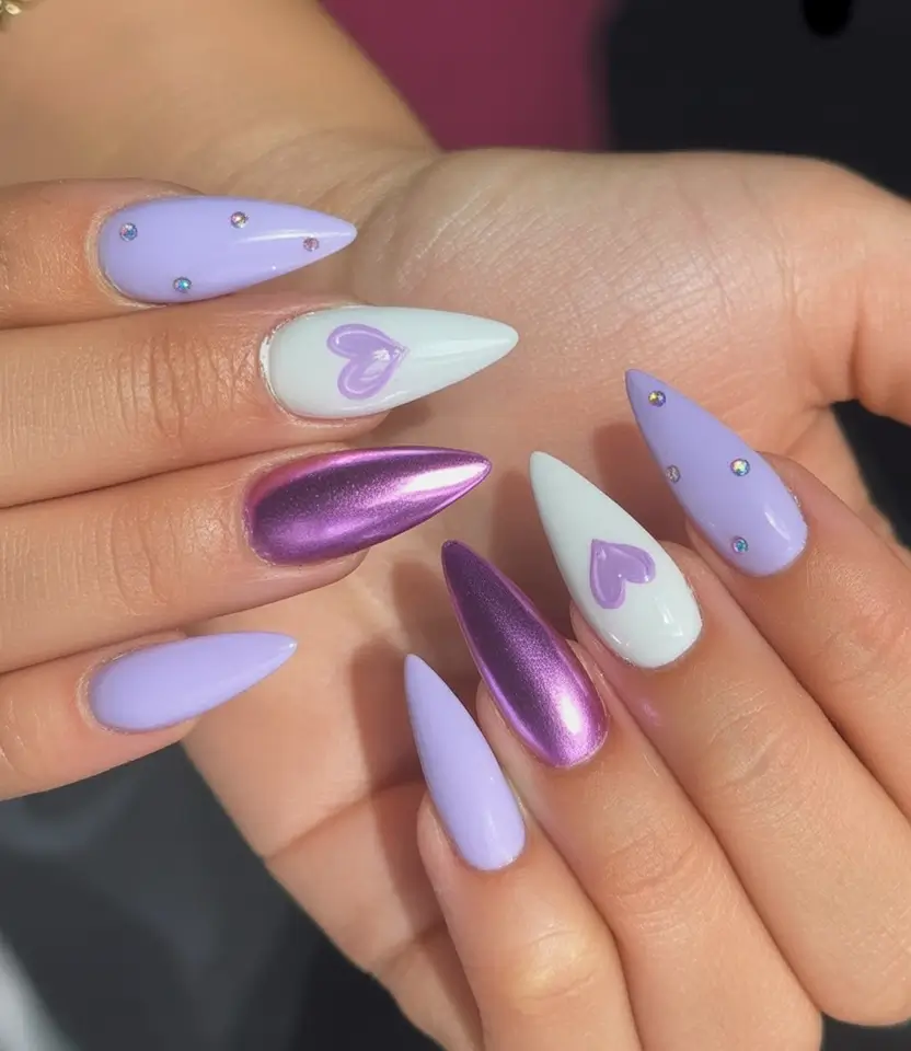 Violet Crush Hearts Almond Nails Made for Summer 2025