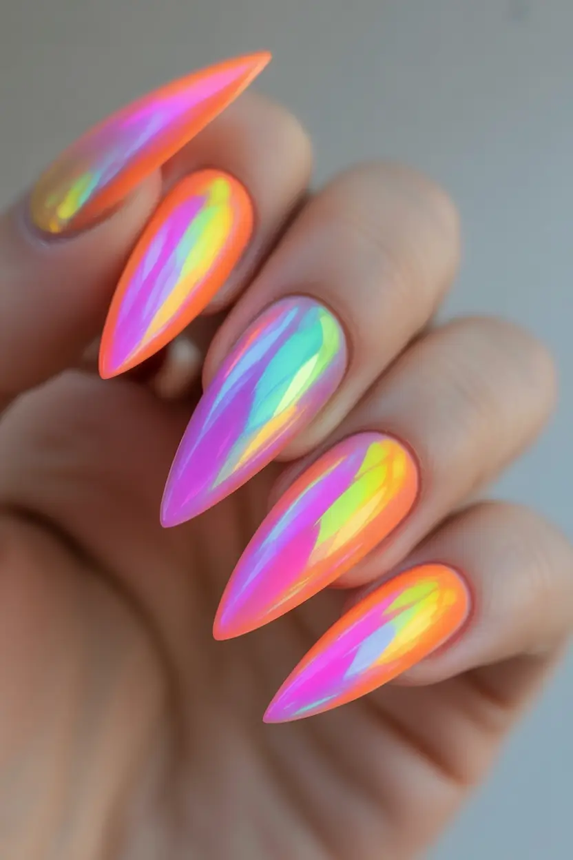 Almond Nails Made for Summer 2025 Electric Rainbow Glaze