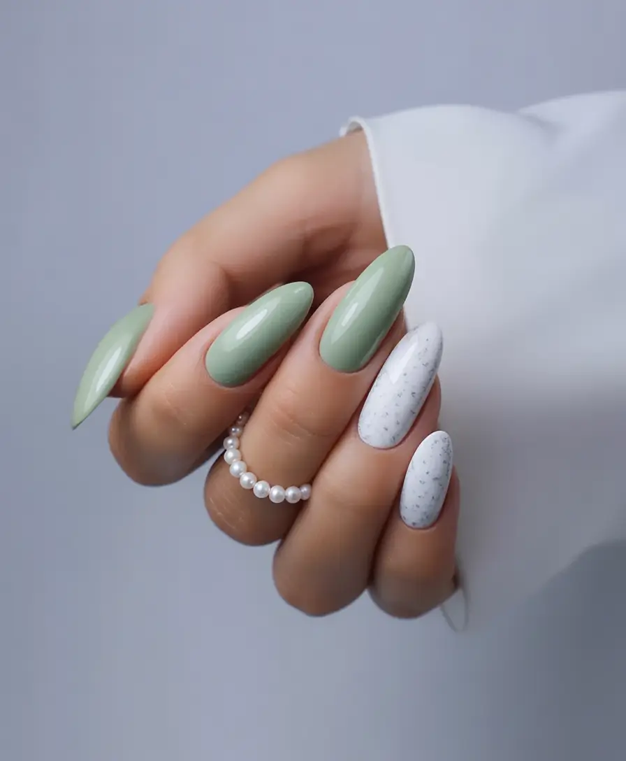 Almond Nails Made for Summer 2025 Sage Whisper & Speckled Snow