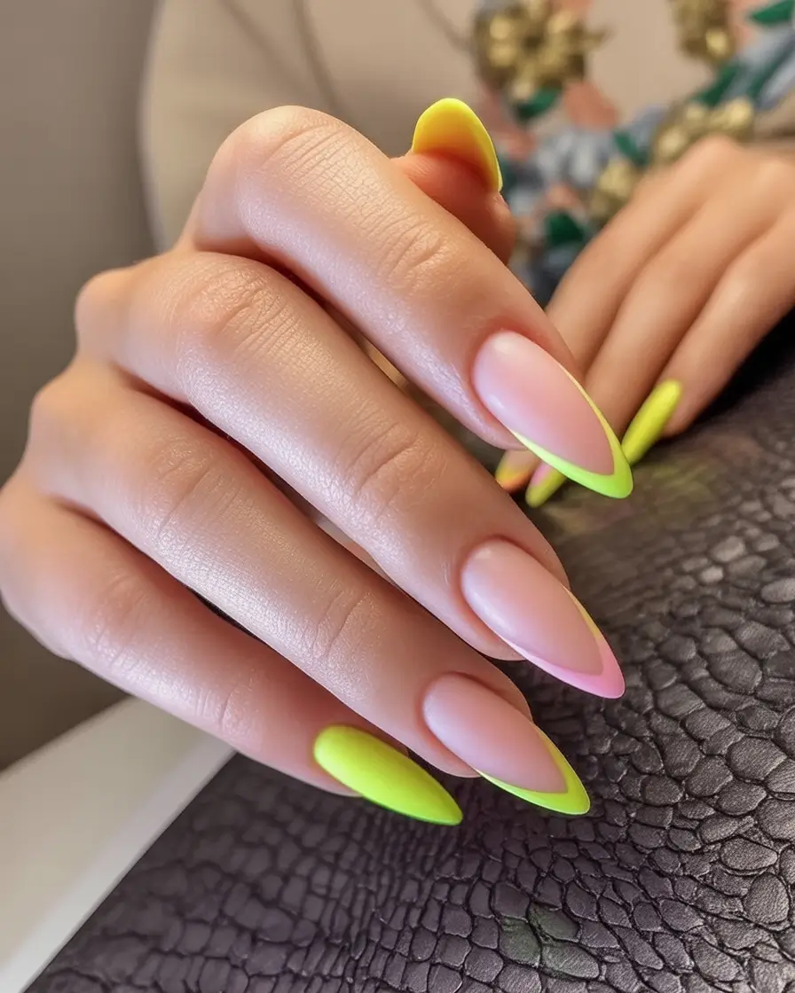 Almond Nails Made for Summer 2025 Neon-Tipped Pop French