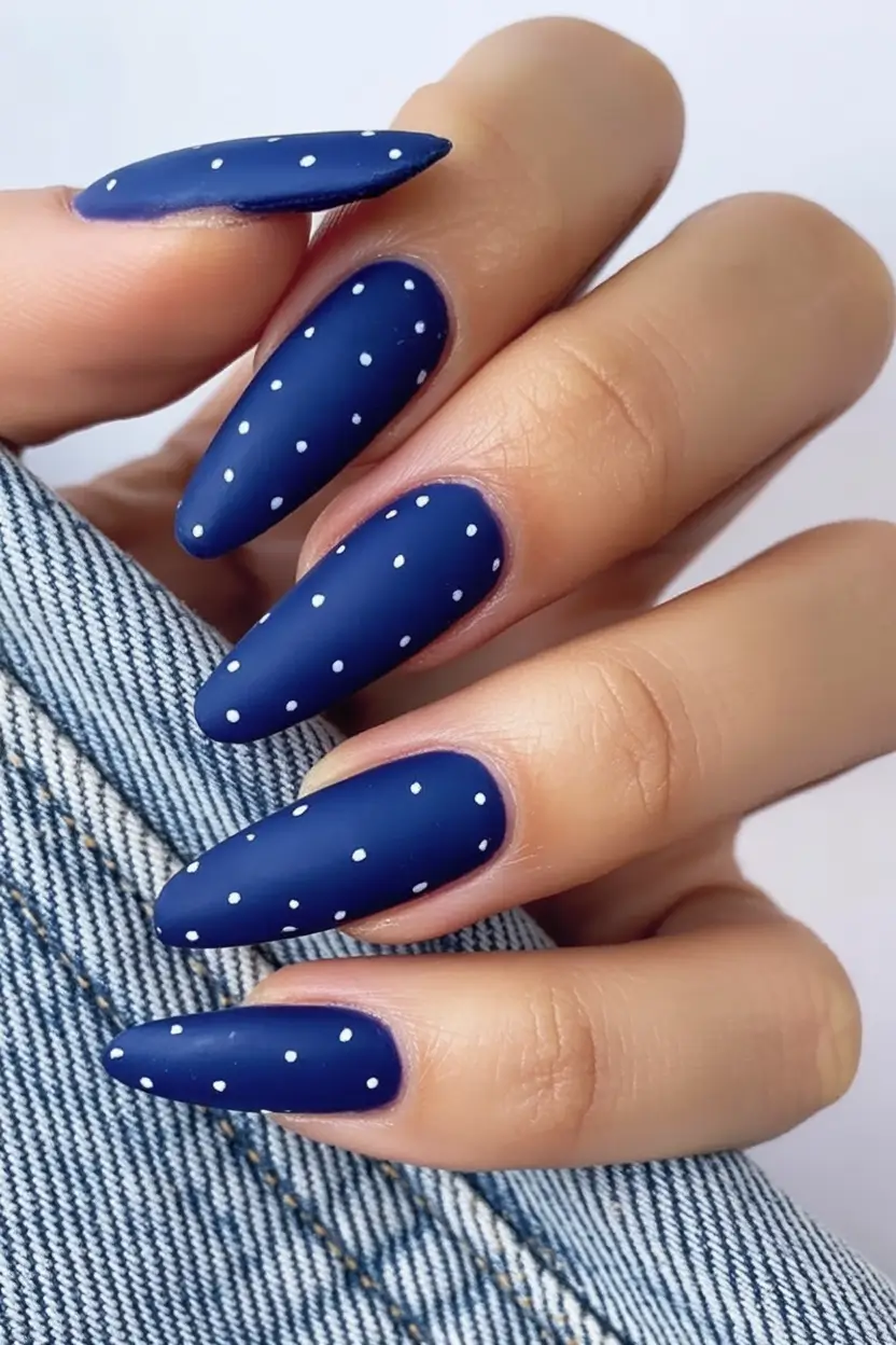 Almond Nails Made for Summer 2025 Matte Navy With Tiny White Dots