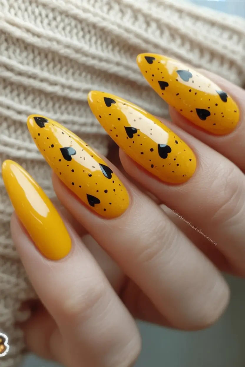 Almond Nails Made for Summer 2025 Sunny Yellow With Playful Hearts