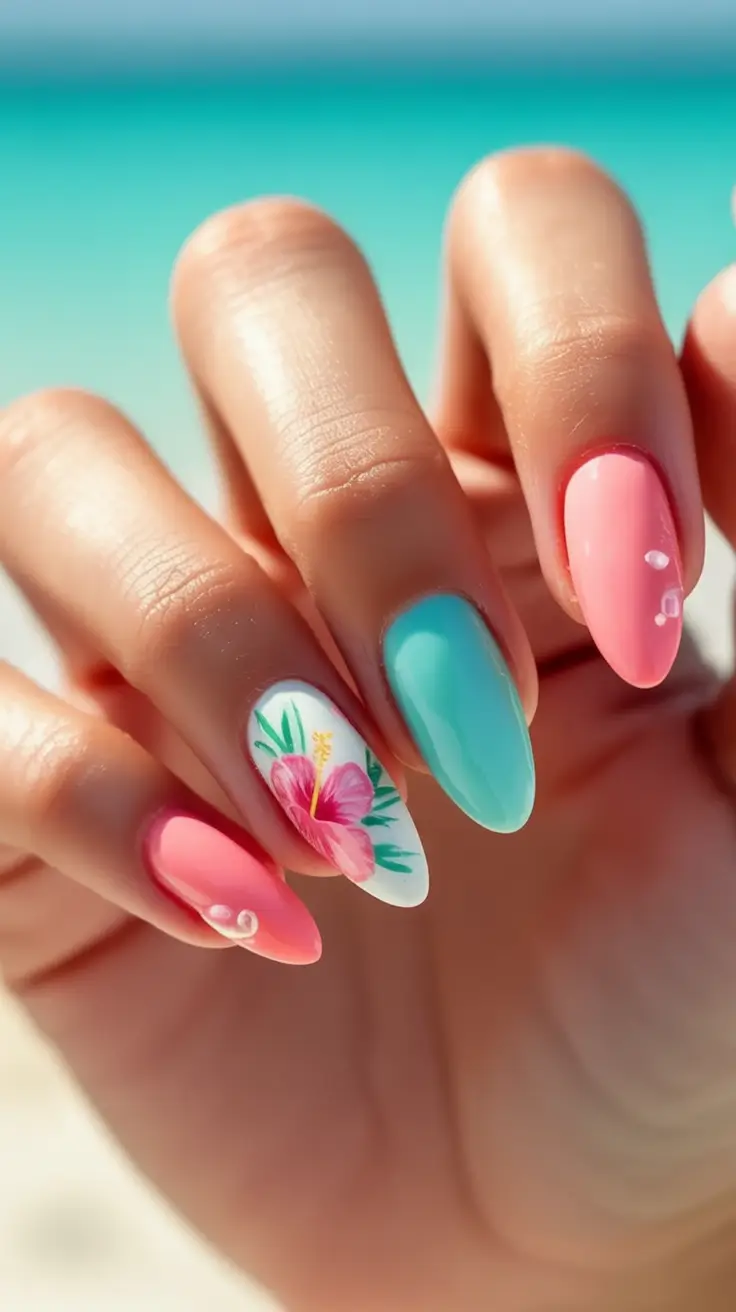 Almond Nails Made for Summer 2025 Island Blooms & Ocean Tones.