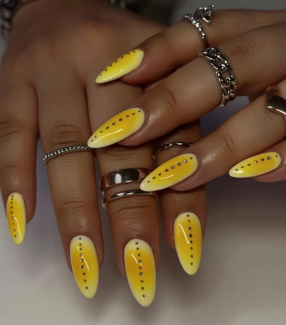 Almond Nails Made for Summer 2025 Yellow Ombre With Silver Dot Lines