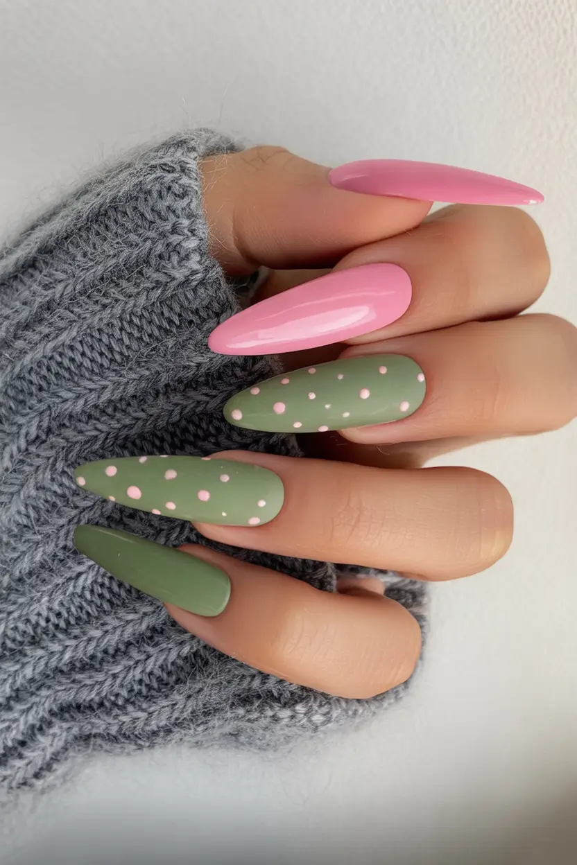 Almond Nails Made for Summer 2025 Matte Green With Bubblegum Pink Polka Dots