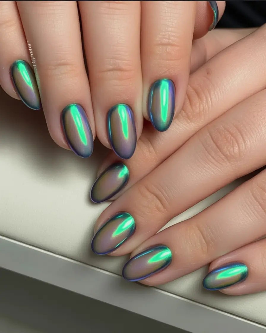 Almond Nails Made for Summer 2025 Mirror Chrome Teal Over Natural Fade