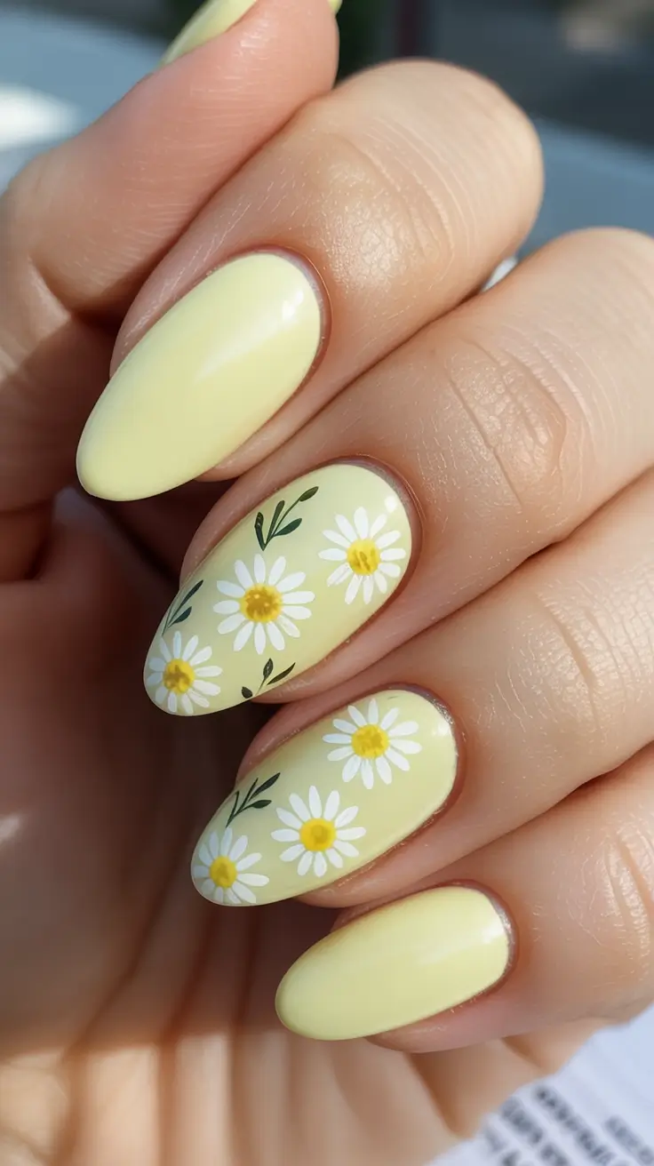 Almond Nails That Slay Summer 2025 Daisy Chain on Lemon Cream