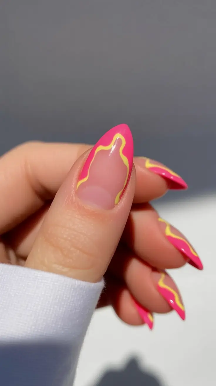 Almond Nails That Slay Summer 2025 Hot Pink and Yellow Electric Border