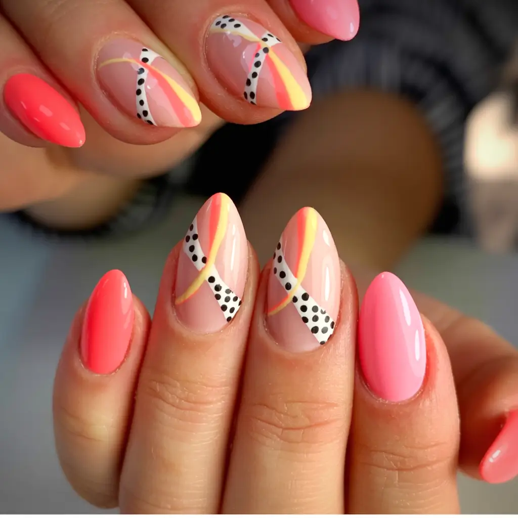 Almond Nails That Slay Summer 2025 Sunset Stripes With Dots and Dashes