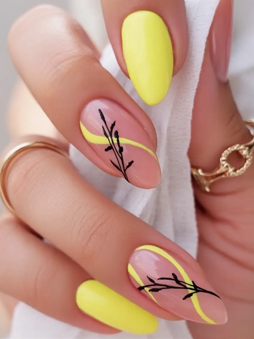 Almond Nails That Slay Summer 2025 Sunbeam Yellow With Botanical Linework