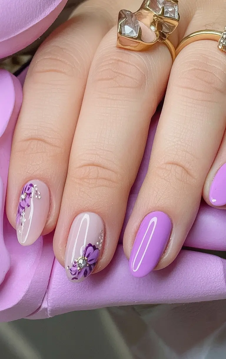 Almond Nails That Slay Summer 2025 Lavender Elegance with a Crystal Touch