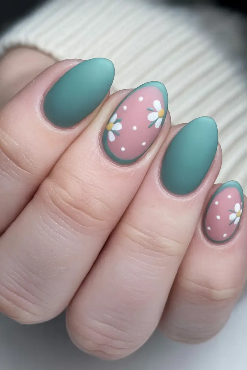 Almond Nails That Slay Summer 2025 Matte Green Whimsy with Daisy Charm