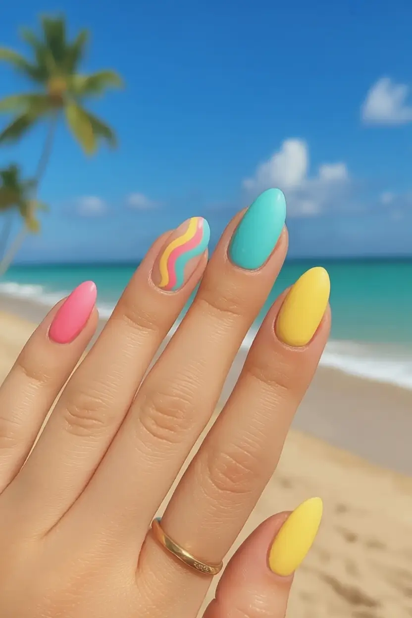 Almond Nails That Slay Summer 2025 Tropical Pop Rainbow Swirls