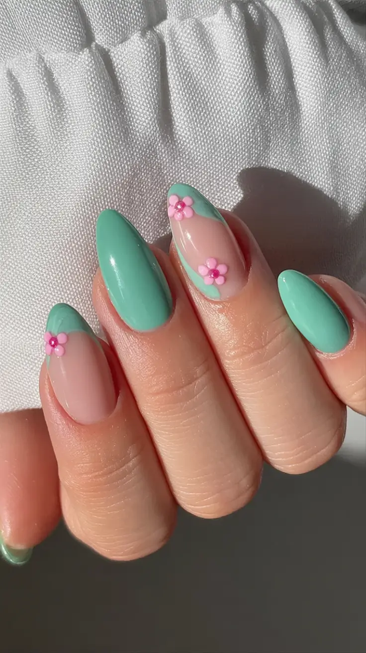 Almond Nails That Slay Summer 2025 Glossy Mint with Blooming 3D Florals