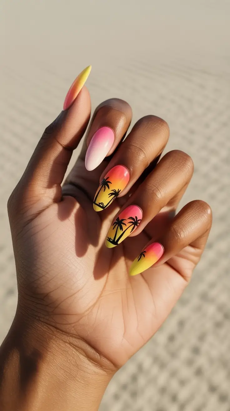 Almond Nails That Slay Summer 2025 Sunset Palms and Ombré Dreams