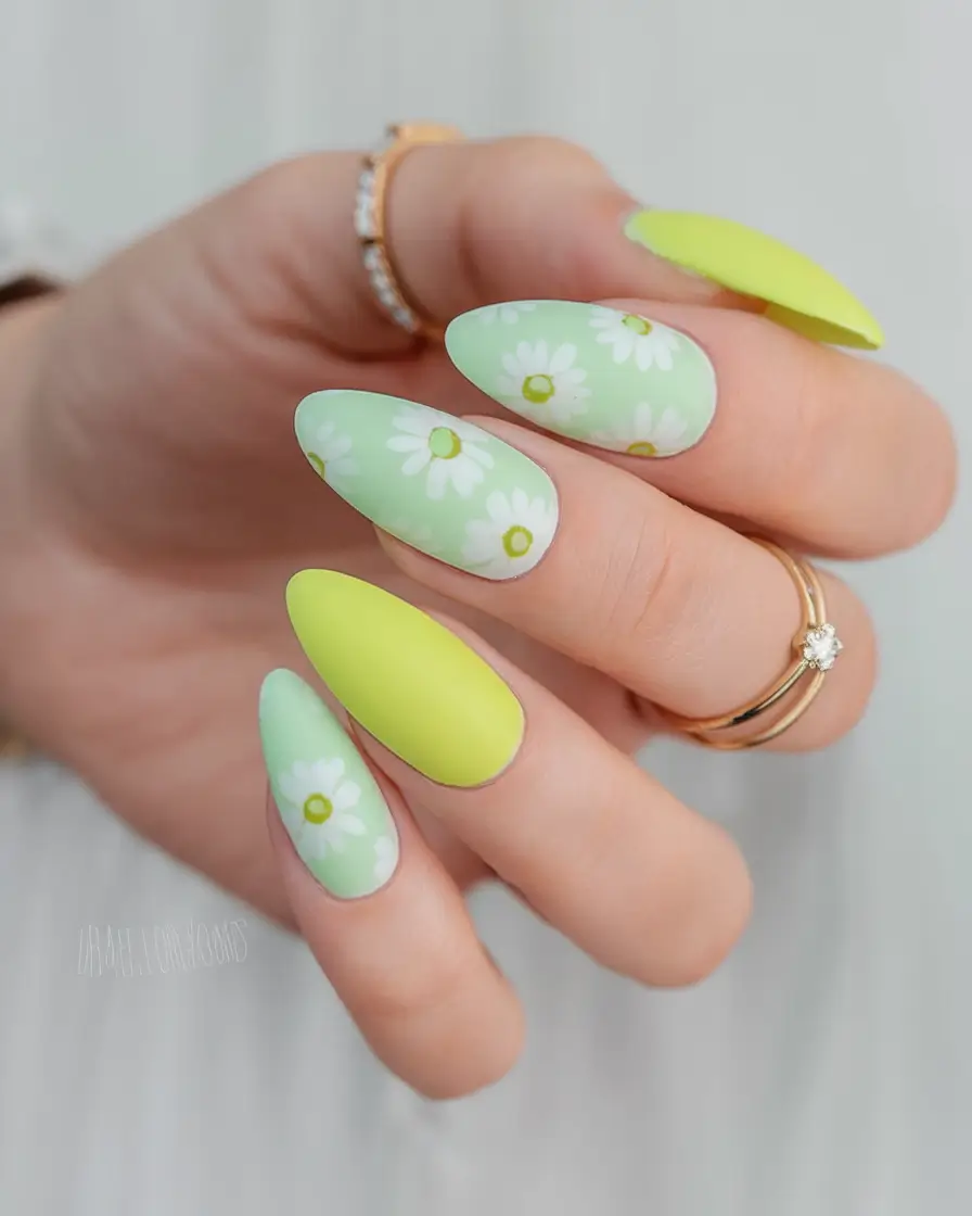 Almond Nails That Slay Summer 2025 Fresh Daisies on Matte Green