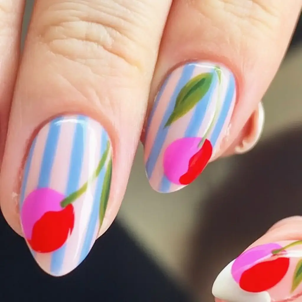 Beach-Ready Nails for 2025 Sweet Cherry Crush On Summer Stripes