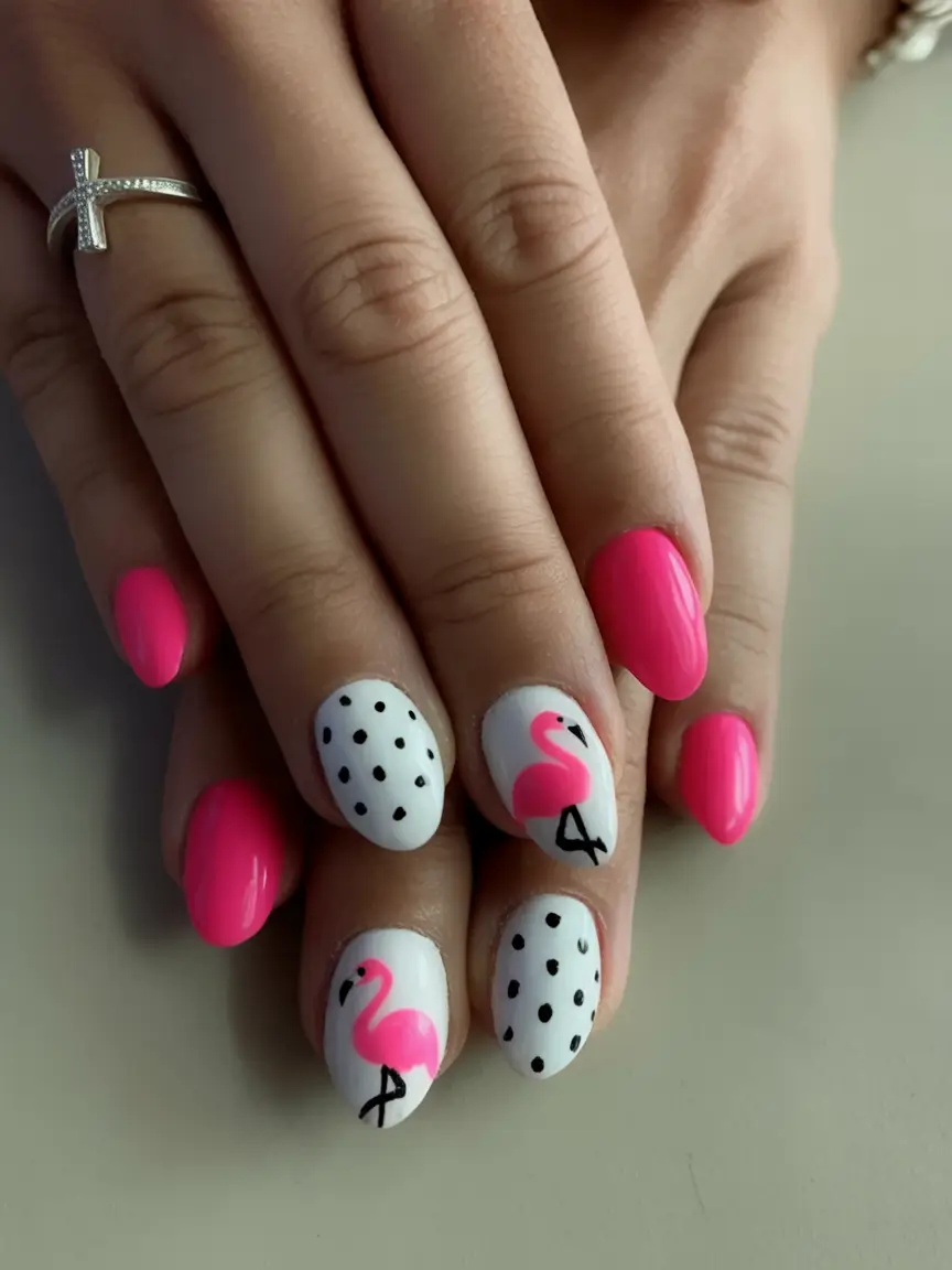 Beach-Ready Nails for 2025 Polka Dots and Flamingo Sass