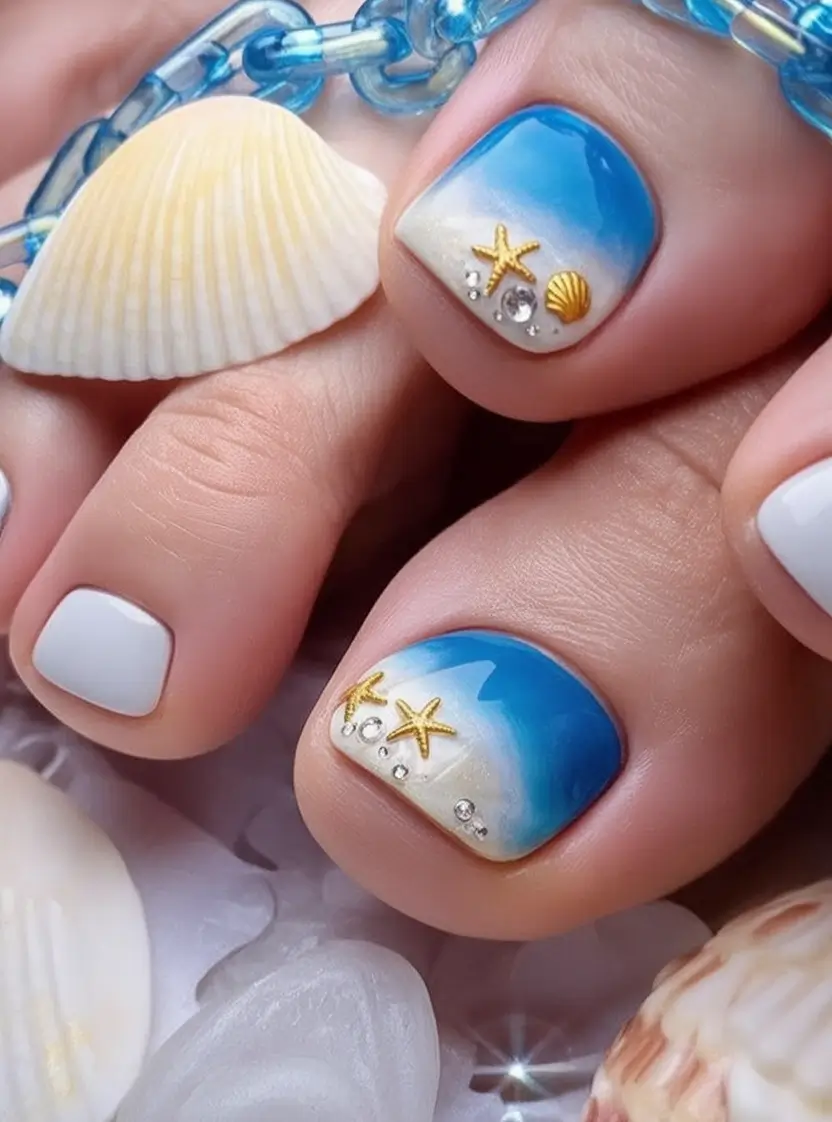 Beach Toe Nails for Summer 2025 Ocean Breeze and Golden Shells