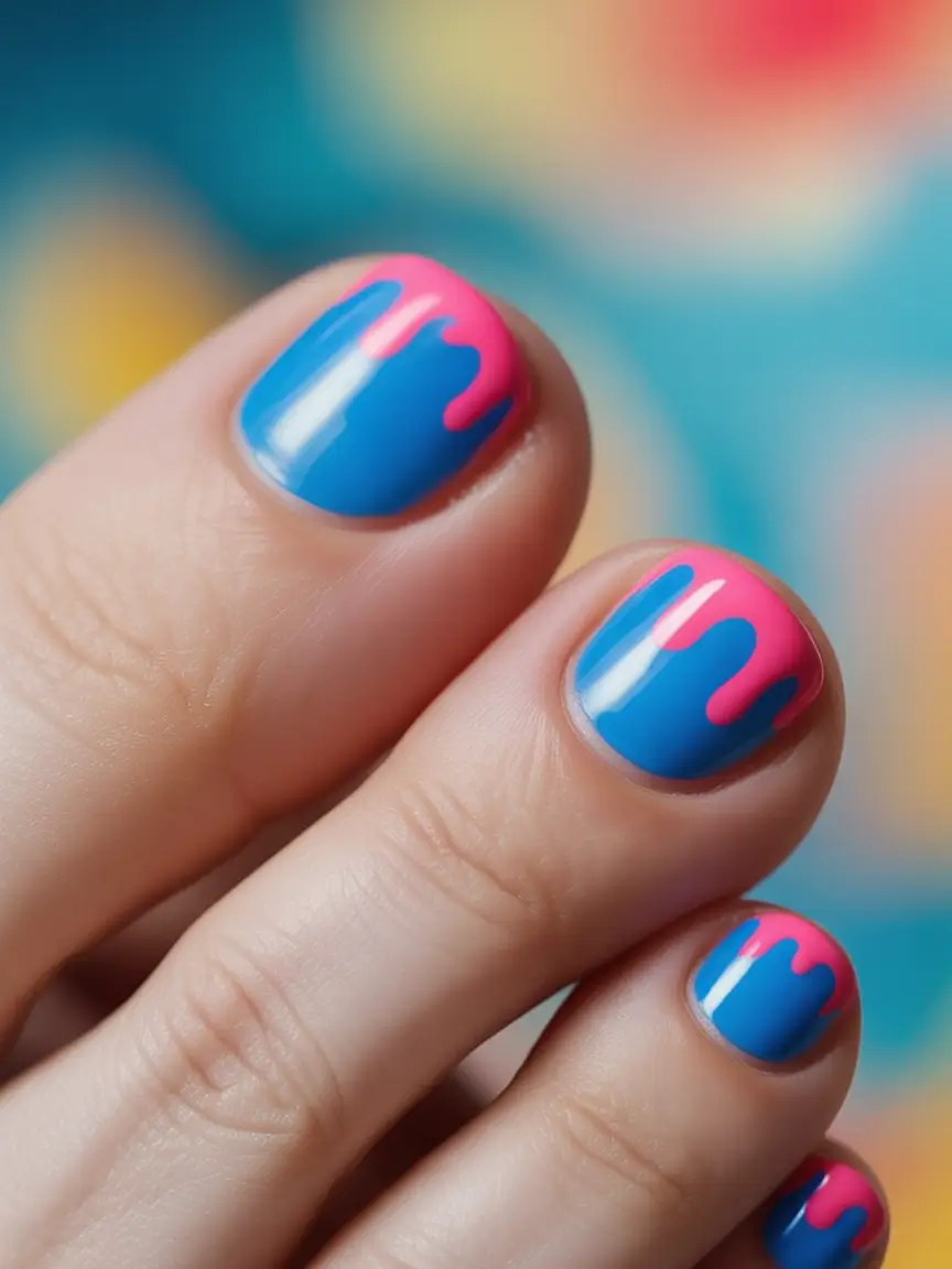 Beach Toe Nails for Summer 2025 Neon Drips on Beach Blue