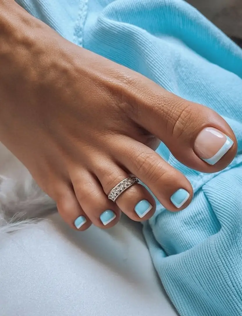 Beach Toe Nails for Summer 2025 Crisp Ice Blue French