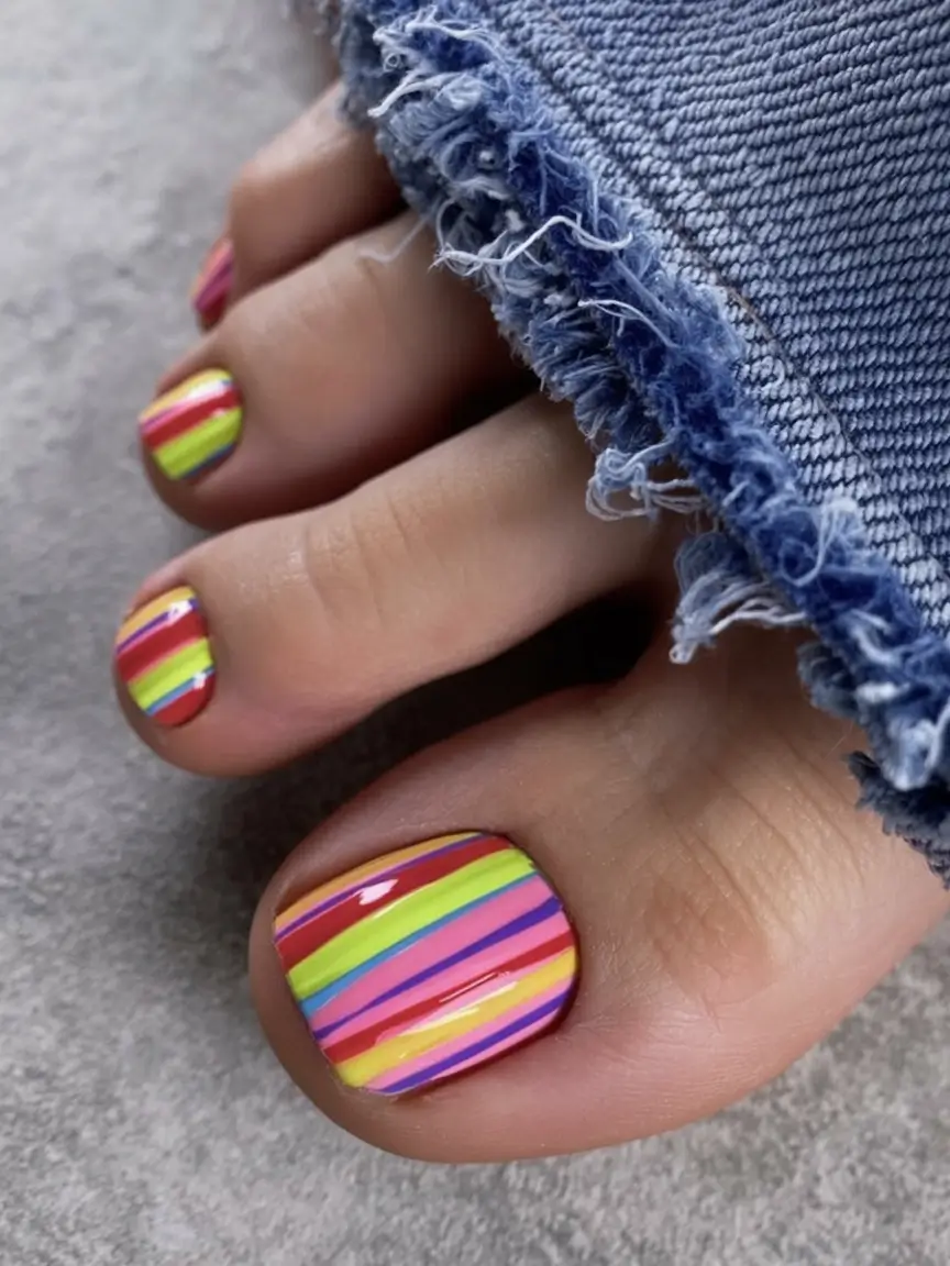Beach Toe Nails for Summer 2025 Retro Rainbow Lines