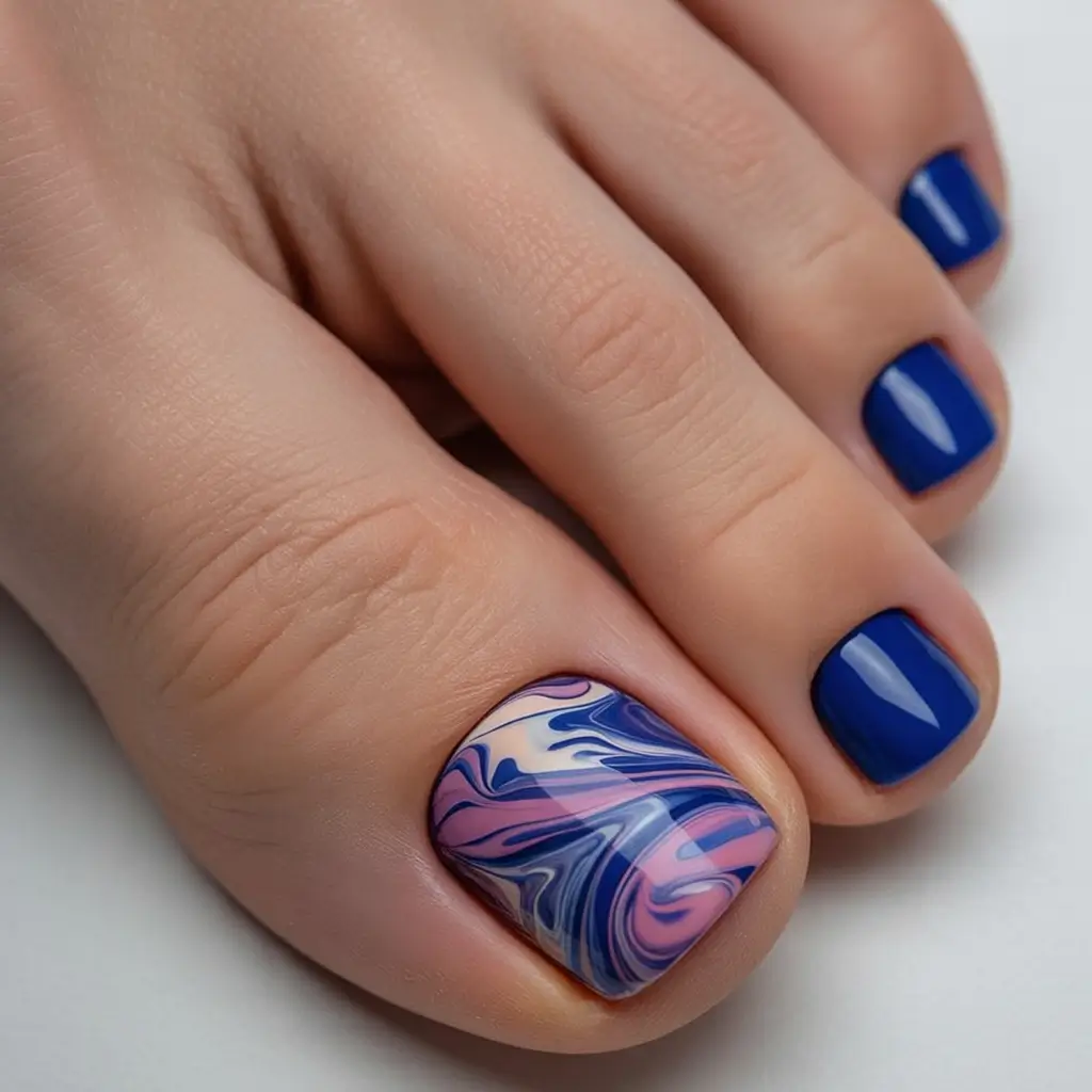 Beach Toe Nails for Summer 2025 Indigo Marble Swirl