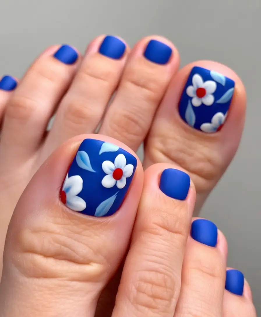 Beach Toe Nails for Summer 2025 Matte Blue Blossoms