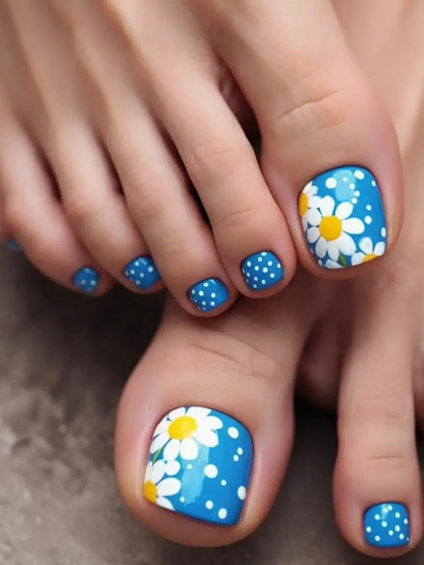 Beach Toe Nails for Summer 2025 Sky Blue Daisies & Dots