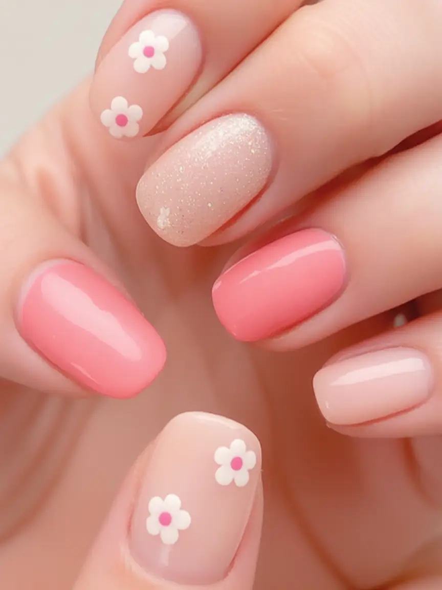 Best July Nail Colors for 2025 Sweet Pink Bloom With A Shimmer Twist