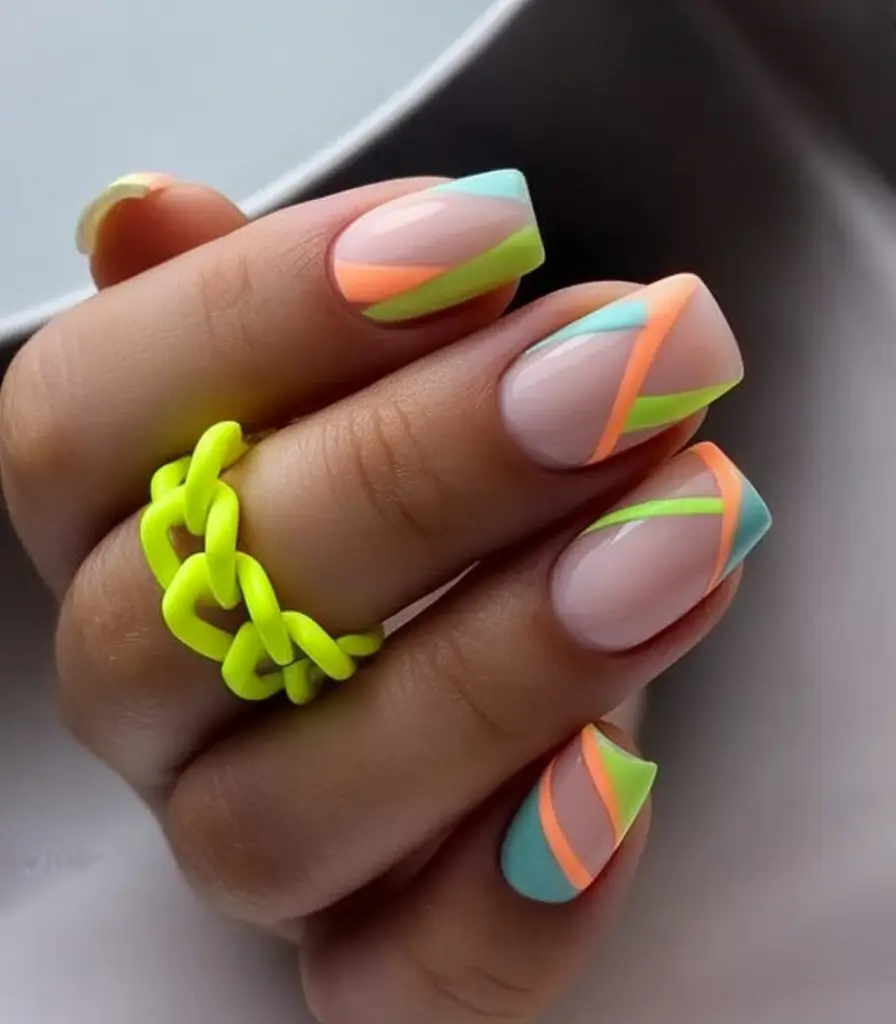 Best July Nail Colors for 2025 Electric Sherbet Ribbon Lines