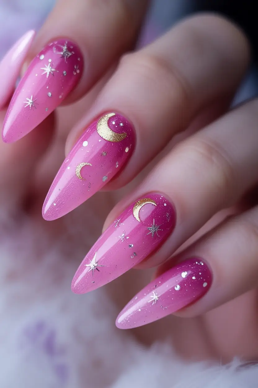Best July Nail Colors for 2025 Celestial Pink With Lunar Glam
