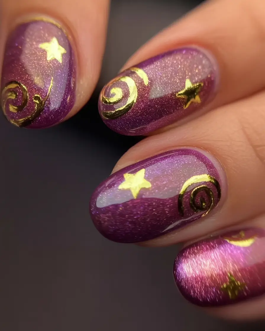 Best July Nail Colors for 2025 Galaxy Glow in Sparkling Plum